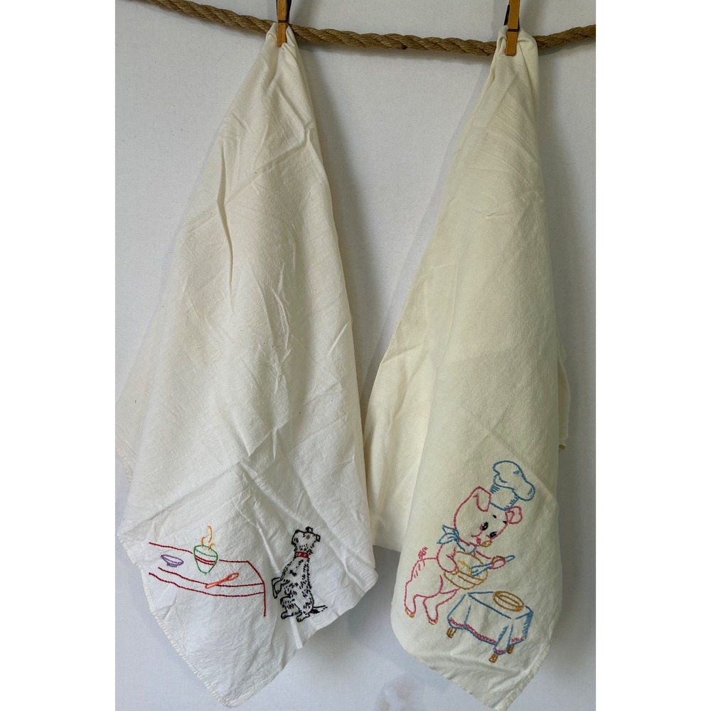 Cottagecore Tea Towels Vintage Embroidered Pig Dog Kitchen White Good